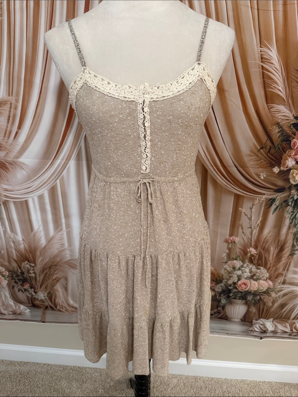 Free People Cream-Taupe Crochet Trim Spaghetti Strap Mini Dress